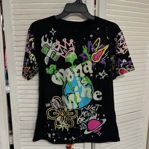 Kids Black Graphic Short Sleeve Tee with Colorful Planet and Space Motifs